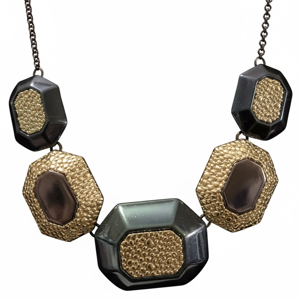 Black Octagon & Hammered Silver Necklace | Geometric Statement - Picture 2 of 8